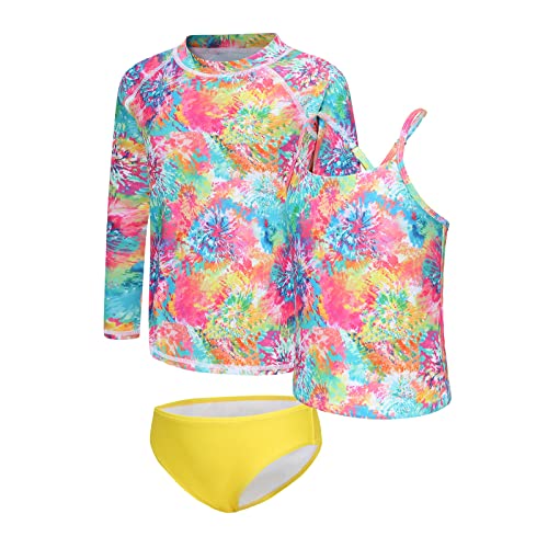 Image of Girls 3 Piece Swimsuits Set Long Sleeve Rash Guard Tankini Bathing Suits for Girls Beach Swimwear Set 3-16 Years
