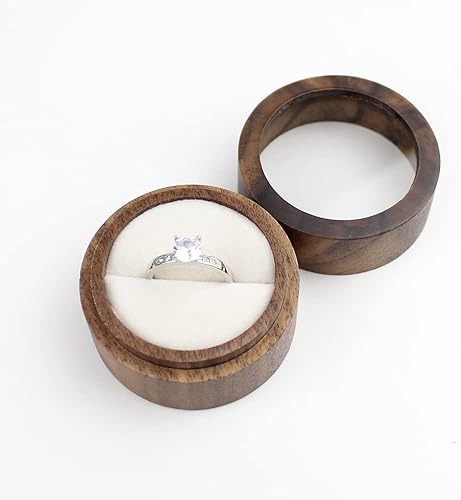 Miniatura 3 de Caja redonda de madera para propuesta de compromiso caja de anillos de tapa transparente para propuestas caja de compromiso de boda terciopelo blanco