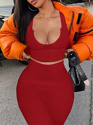 Image of Women Sexy Two Piece Skirt Outfits Long Sleeve /Sleeveless V Neck Bodycon Ribbed Knitted Maxi Club Party Dress