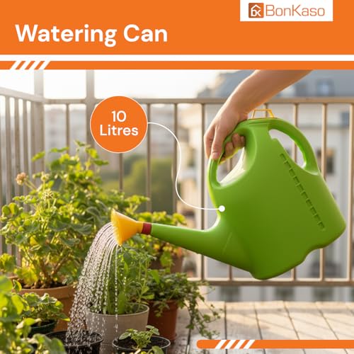 Image of BonKaso 10L Plastic Watering Can for Plants | Durable Garden Water Can with Sprinkler Cap | Easy Grip Handle & Gentle Spray | Ideal for Indoor, Outdoor, Terrace & Kitchen Gardening Water Spray (Green)