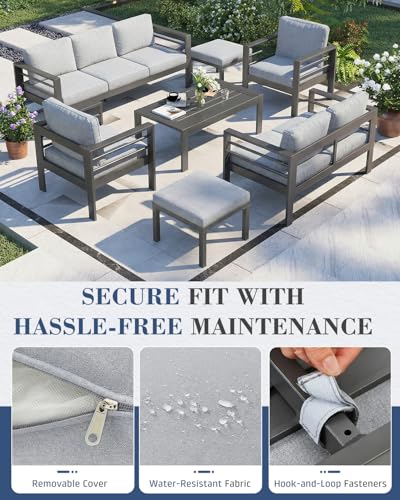 Image of AECOJOY Aluminum Patio Furniture Set, 9 Seats Modern Outdoor Furniture with Coffee Table, 7 Pieces Metal Conversation Sectional Sofa, Light Gray