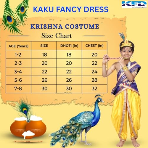 Image of Kaku Fancy Dresses Krishna Costume With Dhoti For Boy /Janmashtami /Bal Gopal Dress /Kanha Costume /Bal Krishna /Mythological Costume For Boy - Yellow-Red, 1-2 Years