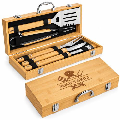 Personalized Grill Tools Gift for Men, 5-Piece Custom Engraved Name Grill Set with Bamboo Storage Case, Stainless Steel Barbecue Utensils, Grill Master Gift for Dad, Husband, Father's Day (Customized)