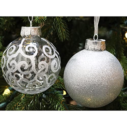 Sleetly Silver Ornaments For Christmas Tree Decorations 2023 Set - Rustic Vintage Farmhouse Shatterproof 4.72 Inch Big Extra Large Xmas Balls, Glitter Snowball And White Clear Swirl #TOP1