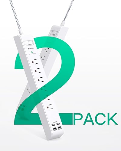 Miniatura 8 de Paquete de 2 regletas de alimentación, cable de extensión de 12 pies de largo, protector de sobretensiones con 6 salidas y 4 puertos USB (2 USB C),