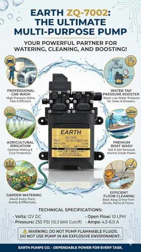 Image of Earth High Pressure Diaphragm Pump Double Motor 12V Dc Motor Kit 250 Psi 4452 Copper Agriculture Farm Fogger Misting Spray Motor Pump with 10 Feet Outlet Pipe, 4 Feet Inlet Pipe & 2 Clamp
