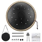 TUOKING Steel Tongue Drum 13 inch 15 Notes Rain Drum for Outside D Key with Lotus Design - Handpan Percussion Instrument for Meditation,Yoga,and Music Therapy,Gift for Beginners & Adults(Black)