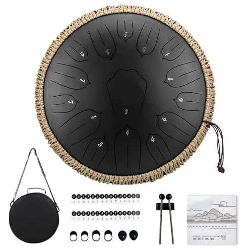 TUOKING Steel Tongue Drum 13 inch 15 Notes Rain Drum for Outside D Key with Lotus Design - Handpan Percussion Instrument for Meditation,Yoga,and Music Therapy,Gift for Beginners & Adults(Black)