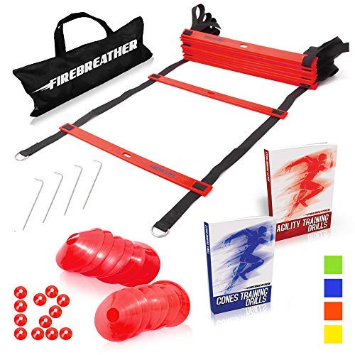 Agility Ladder and Cones by FireBreather. Great Training Equipment to Exercise Speed in Soccer, Football & Sports Workout. Set of 15ft Ladder, 12 Discs, 4 Pegs, Carrying Bag & 2 Drills Ebook