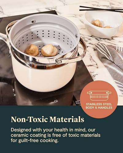 image for Caraway Nonstick 3 Qt Ceramic Sauce Pan with Lid & Steamer - Non Toxic