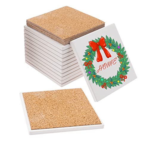GUHITOH - 12 Pcs Ceramic Tile for Crafts Coasters, 4 Inch Blank Coasters Unglazed Ceramic White Tiles with 12 Pack Cork Backing Pads, Square Drink Cup Mat for DIY Arts Painting Craft Project Coasters
