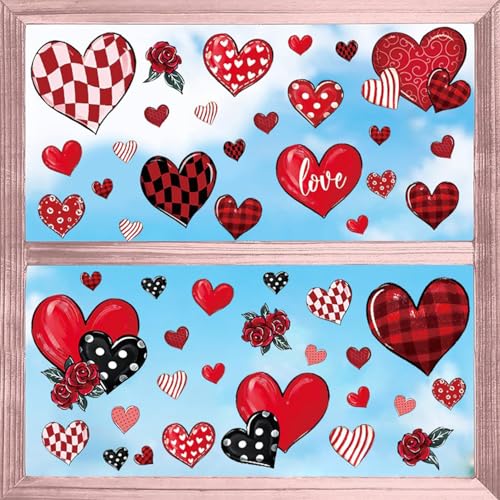 4 Sheets Valentines Window Clings Stickers Double Sided Glass Decorations Reusable PVC Static Clings with Heart Rose Patterns Window Decals for Home Office Storefront Holiday Decor 48Pcs