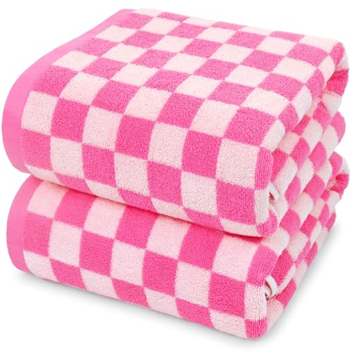 Jacquotha Hot-Pink Checkered Cotton Bath Towels Set of 2 -