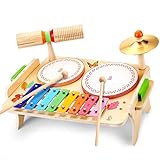 instrumentos musicales todojuguete Tambor 7 en 1 para niños: el tambor para niños pequeños no solo aumenta el interés de su hijo por la música, mejora la coordinación ojo-mano de su bebé, sino que también desarrolla habilidades motoras finas y sensorial auditiva, que se compone de 1 * Mesa de música cuadrada con xilófono, 1 * Madera Bloque de tono, 2 baquetas de madera, 2 tambores, 1 platillo, 1 soporte de platillo, 3 arandelas, 2 pies de mesa de tambor, 2 tapones de madera lisos.