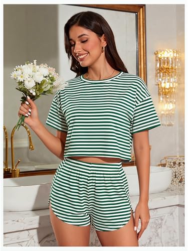 Image of OYOANGLE Womens Pajama Sets 2 Piece Sexy Lounge Sets Summer Cute Pjs Striped Print Tee and Side Split Shorts Set