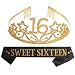 16th Birthday Tiara and Sash Gold| Happy 16 Birthday Party Supplies| Sweet Sixteen Black Glitter Satin Sash | Rhinestone Tiara Birthday for 16th Birthday Party |Sweet Sixteen Birthday (Gold)