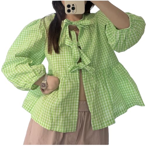 Tie Front Tops Womens Y2k Leopard Print Peplum Babydoll Top 3/4 Length Puff Sleeve Coquette Cute Going Out Tops Green Gingham Small