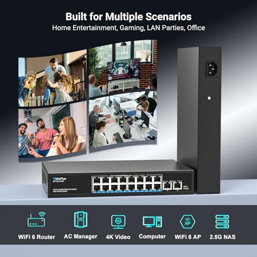 Image of 18 Ports 10Gb Unmanaged Ethernet Switch with 16*2.5G Base-T Ports, 2*10G RJ45 Ports. 120Gbps Switching Capacity, GiGaPlus 10Gbps Network Switch for 2.5G /10Gbps NAS /PC, WiFi6 Router, Wireless AP