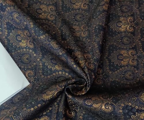 Tissu jacquard brocart bleu marine doré 142 cm large BRO787