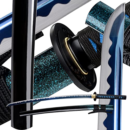 SANJISTU Samurai Sword | Traditional Hand-Forged Katana Swords Authentic Japanese Anime Samurai | High Carbon Steel Katanas Collection Sharp Full Tang (Teal-Iron Waves)