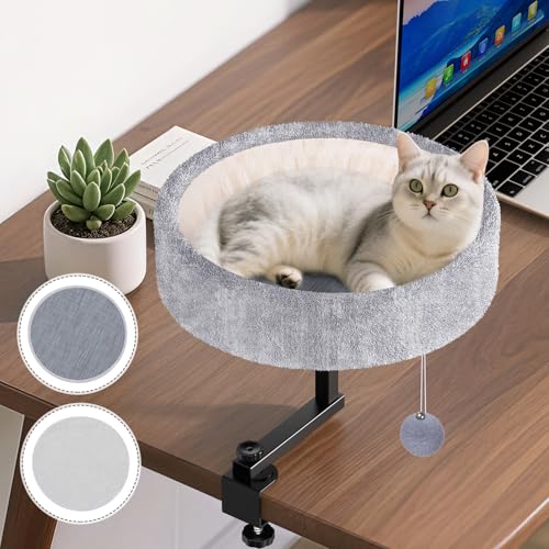 Chumajor Cat Desk Bed - 360° Rotating & Adjustable, Supports 44 lbs, Soft Faux Fur with Dual-Sided Reversible Mat, Modern Indoor Cat Nest Furniture for Office Desks and Game Tables, Island Table