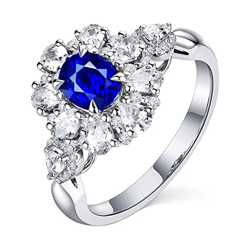 AMDXD Anillo de mujer auténtico de 18 K Au750, oro blanco, zafiro de 0,67 quilates, anillo solitario de diamante con flores y diamantes, Oro blanco de 18 quilates (750), Zafiro