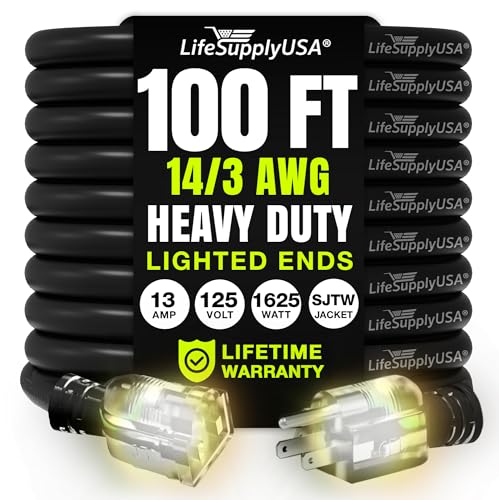 100ft Outdoor/Indoor Extension Cord 14/3 Gauge Heavy Duty 3 Prong SJTW, Waterproof, Flexible Cold-Resistant Long Power Cord,13A 125V 1625W, Black by LifeSupplyUSA