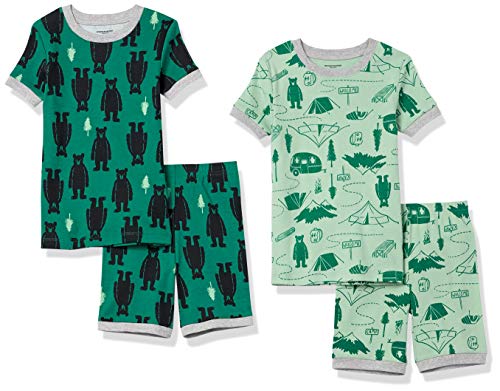 Amazon Essentials Unisex Kids Snug-Fit Cotton Pajama, 4-Piece Happy Camper Shorts Set, Medium