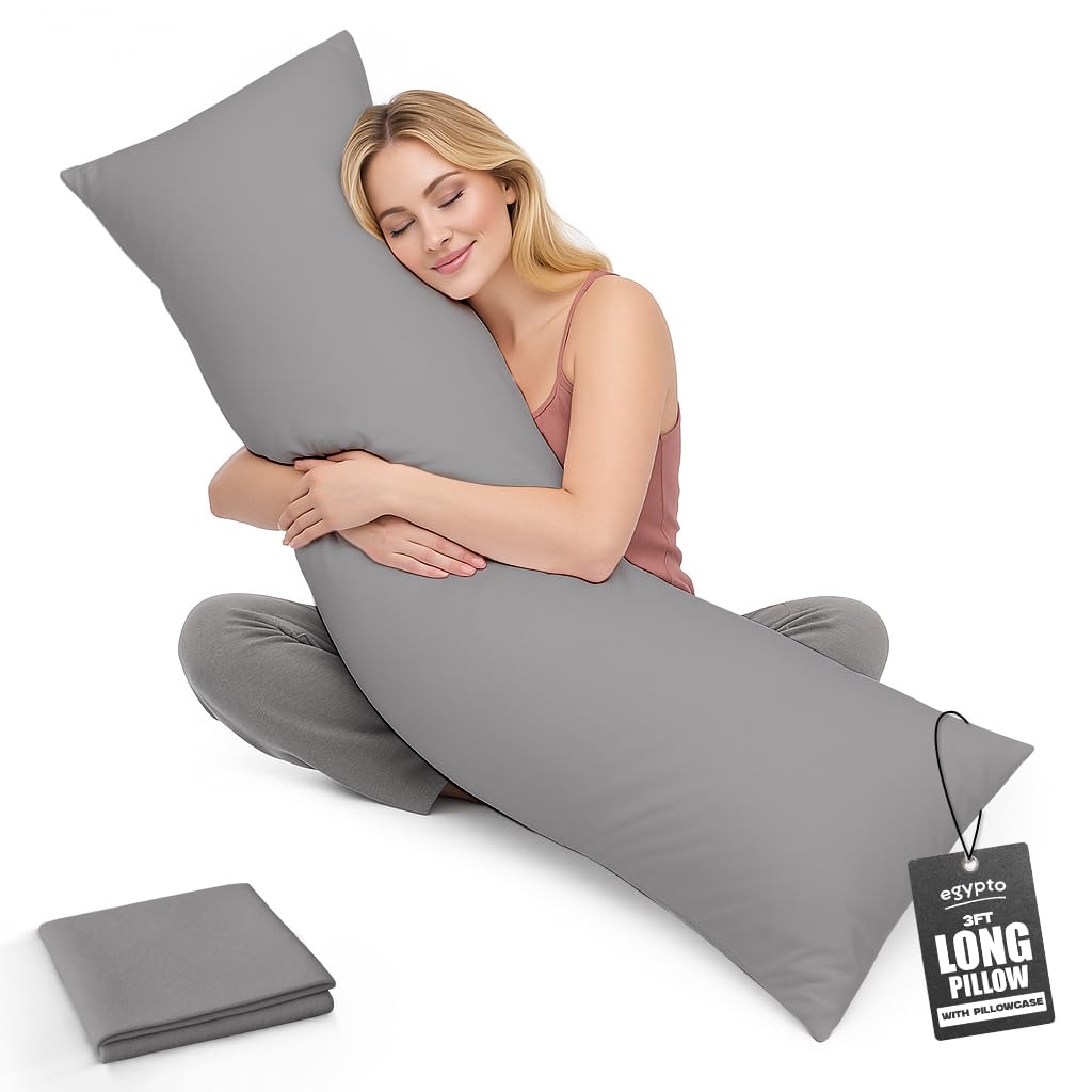 EGYPTO Living Orthopaedic 3ft Bolster Pillow with Pillow case – Hypoallergenic Long Pillows For Bed – Range of Sizes: 3FT, 4FT 3/4, 5FT and 6FT. (Silver, 3FT)