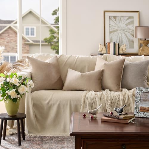 Image of GIGIZAZA Khaki Taupe Velvet Decorative Throw Pillow Covers for Sofa Bed 2 Pack Soft Cushion Cover (Khaki, 12 x 20- Set of 2)
