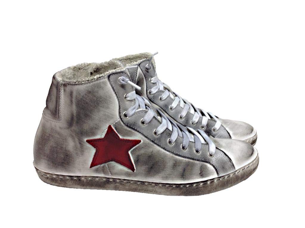 Scarpe Sneakers Alte Uomo Donna Pelle Bianca Via C Stella Rossa sfumato Vintage