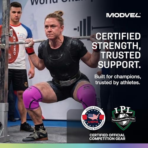Image of Modvel 7mm Neoprene Knee Sleeves for Men & Women Weightlifting & Powerlifting - Compression Knee Sleeve Support for Squats, Gym, Training - USPA, IPL Approved - XX-Large Pink (Pair)