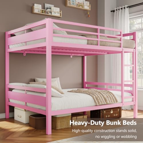 Image of iPormis Metal Bunk Bed Full Over Full, Heavy Duty Bunk with High Guardrail and Safety Entrance Design, Under-Bed Storage Space, Easy Assembly, Noise Free, Pink