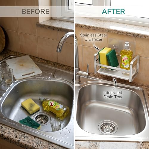 Image of Stainless Steel Kitchen Sink Organizer Sink Caddy Organizer with Removable Drainer Tray Rustproof Countertop or Wall Mounted Sink Rack for Sponge Scrubber & Brush - Silver