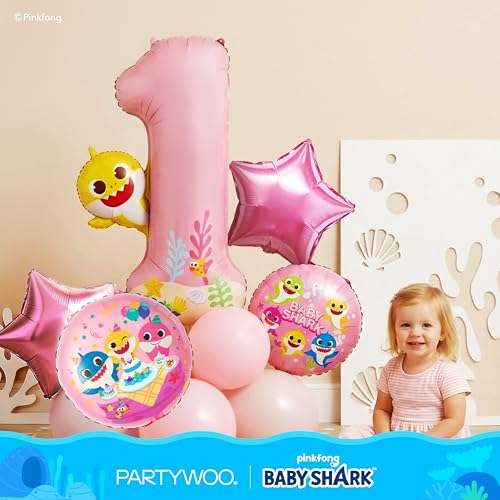 Image of PartyWoo Baby Shark Pink Foil Number 1 Balloon 5pcs 40 18 Inch Pink Round Star Mylar Helium Birthday Balloons for Boys and Girls Baby Shark Under the Sea Ocean Kids First Birthday Party Decorations