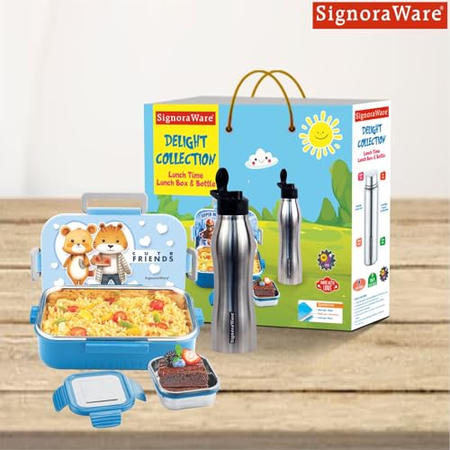 Image of SIGNORA WARE Delight C Chipmunk Stainless Steel Printed Lunch Box Set for Kids | Airtight Clip Lock Lid | Compact & Sleek Size | Great for Picnics & Outdoors (850ml + 160ml + 750ml Bottle | Sky Blue)