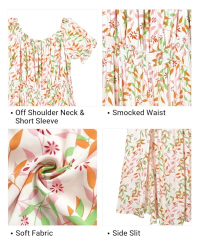 Image of Holipick Women's Off The Shoulder Boho Dress Plus Size Floral Smocked Waist Split Summer Maxi Sundress with Pockets