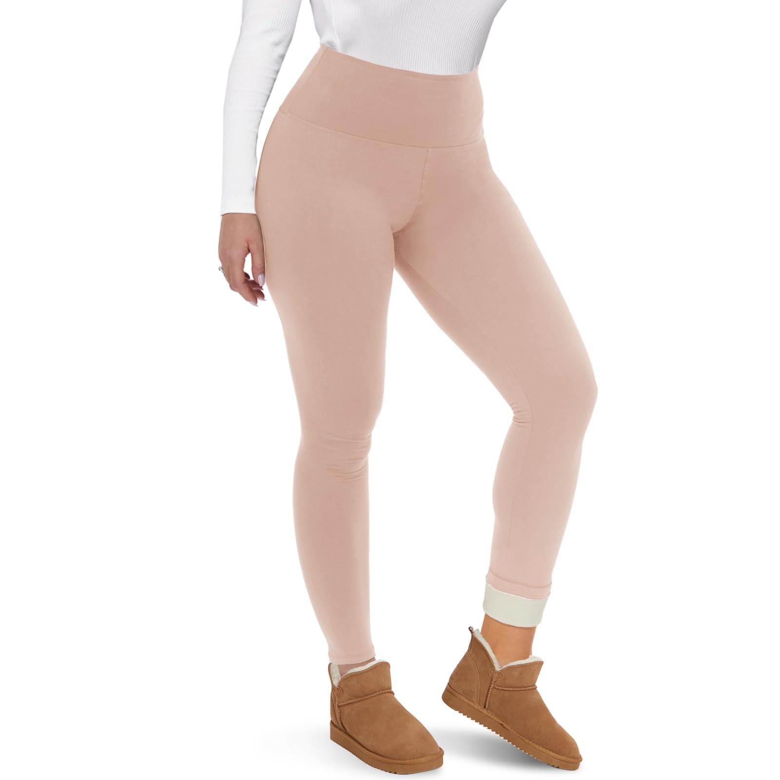 CAMPSNAIL Fleece Lined Leggings Women - Thick Soft High Waisted Black Tummy Control Thermal Warm Velvet Pants for Cold Winter Beige Nude X-Large