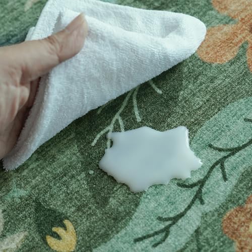 Hallway 3x6 Washable Runner Rug - Indoor Floral Scalloped Kitchen Entryway Low Pile Carpet Soft Non Slip Floor Mat for Bathroom Living Room Bedroom Elegant Home Decor(3x6 Floral/Green)