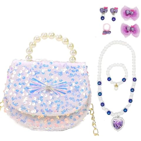 Lhasam Little Girls Handbag Kids Jewelry set Princess Purse Necklace Bracelet Ring Earrings Hair Clips Girls Jewellery Party Favors Gift for Dress up and Pretend Role Play (White) Cover