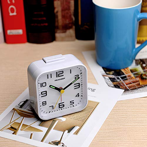 Image of Peakeep 3D Numbers No Tick-Tock Analog Alarm Clock with Classic Beep Sound, Snooze, Manual Light and Battery Powered Small for Travel (White-3D)