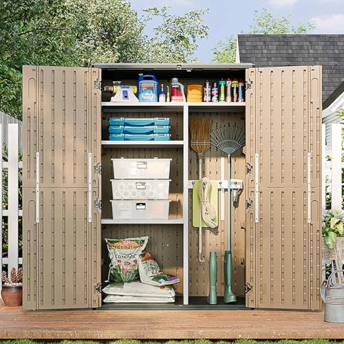 Image of Aoxun Outdoor Storage Shed, 64 Cu.Ft Vertical Storage Sheds Outdoor with Floor, Outdoor Waterproof Storage Cabinet for Garage Storage, Pool Storage (Brown)