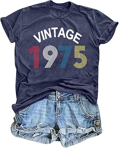 Image of 50th Birthday Gift for Women Vintage 1975 T Shirts Retro Graphic Birthday Shirt Casual Letter Print Short Sleeve Tee Tops