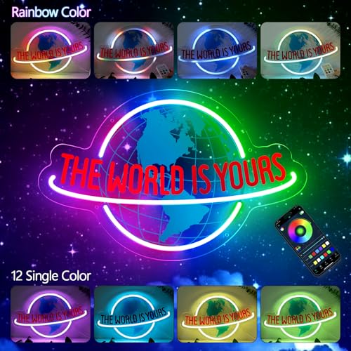 Image of The World Is Yours Neon Sign, 7 RGB Color Planet LED Neon Light Lamp for Wall Decor, Man Cave Home Bar Bistro Club Cafe Wedding Game Room Bedroom Birthday Gift Graduation Party