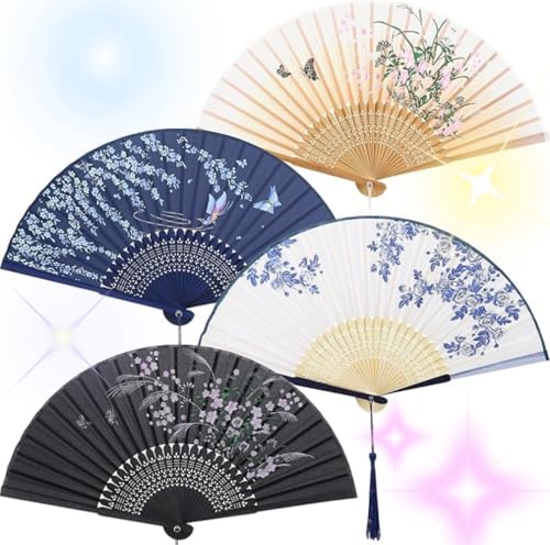 4 Pieces Folding Fans Bamboo Handheld Fans Silk Fabric Fans Hand Holding Fans for Party, Wedding, Gifts, Wall Decoration Chinese Handheld Fans for Women