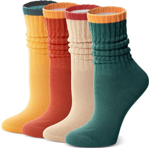 Image of Slouch Cotton Socks, Scrunch Thin Fashion Colorful Soft Breathable Crew Calf for Women and Men, 4 Pairs