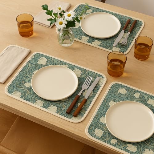 Image of Premium Faux Leather Placemats Ornate Teal | Floral Pattern | Waterproof, Heat Resistant, Washable Dining Table Mats (Pack of 2)