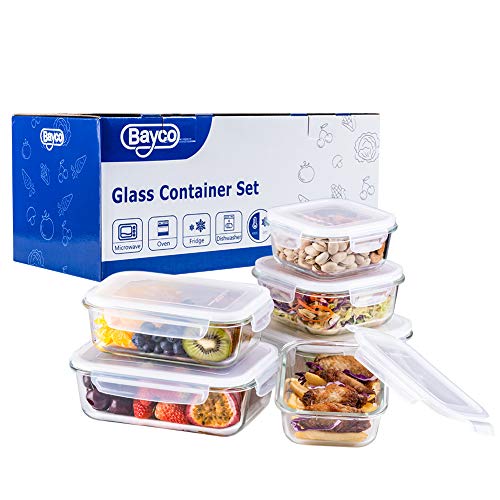 Bayco Large Glass Food Storage Containers With Lids, [12 Piece] Glass Meal Prep Containers, Airtight Glass Bento Boxes, Bpa Free & Leak Proof (6Lids & 6Containers)(Square & Rectangle) #TOP2