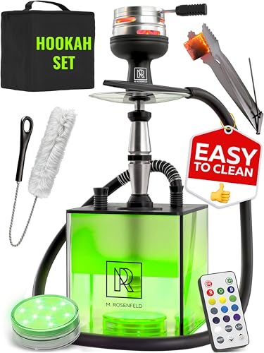 Hookah Set With Everything - YADO Square Hookahs To Go with Hookah Charcoal Holder & Amazing Led Light Remote & Big Black Silicone Sisha Bowl for smoking and Bag for Big Hookah Set - Shisha Hooka