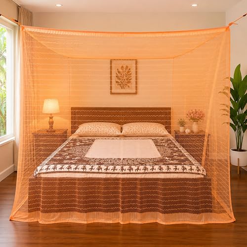 Image of Mosquito Net for King Size Bed & Double Bed (6x7 ft, Wall /Hook Hanging) Poly-Cotton Blend Fabric with Zigzag Wave Line Pattern, Pre-Fitted Bottom & Cotton Ribbon (Golden Orange)